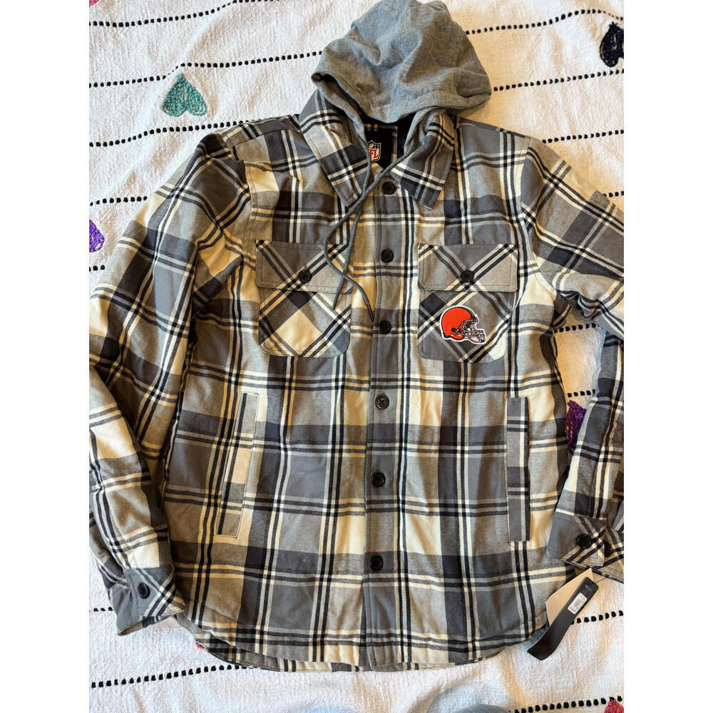NFL Cleveland Browns Men's Gray Plaid Utility‎ Jacket with Hood Size Small